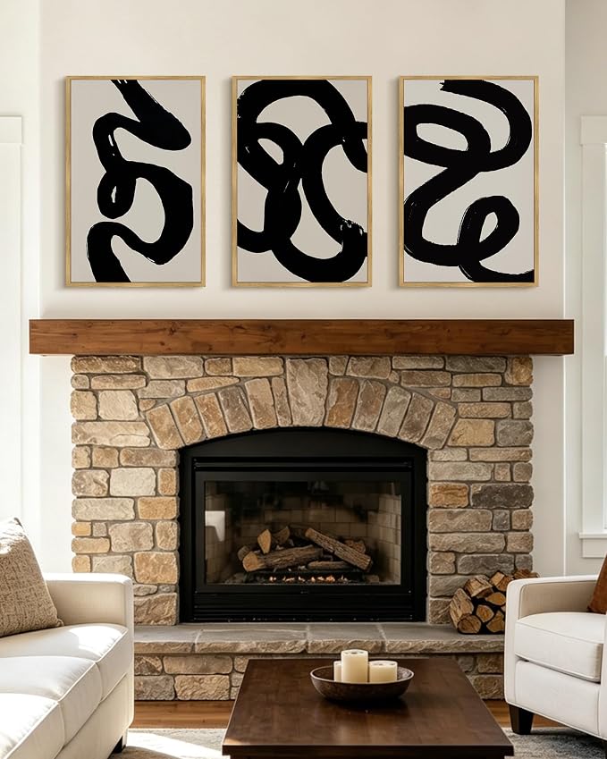 PHOPAGO Black Abstract Modern Framed Wall Art Large 16x24in Ink Wash Minimalist Thick Black Lines Paints Artwork Bedroom Living Room Home Decor - Natural Framed