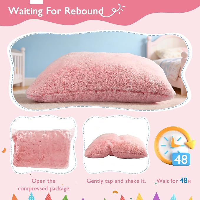 3 in 1 Kids Bean Bag Chair Bed, Kids Fluffy Stuffed Floor Pillow for Gaming and Reading, Ultra Soft Faux Fur Fabric Bean Bag Chairs to Lounger for Playroom, Living Room, Bedroom, Pink