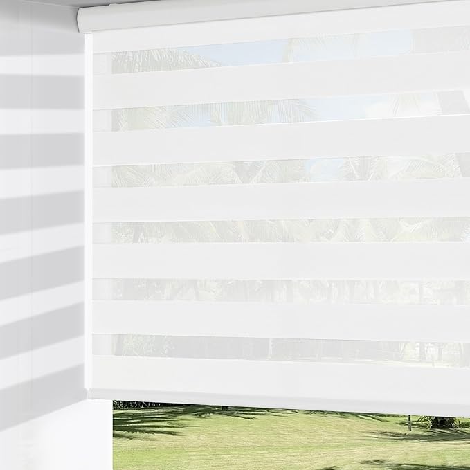 ChrisDowa Cordless Zebra Blinds for Windows, Dual Layer Free-Stop Light Filtering Window Roller Shades, Pull Down Privacy Zebra Shades for Home, Office, Bedroom, Door (52" W x 72" H, White)