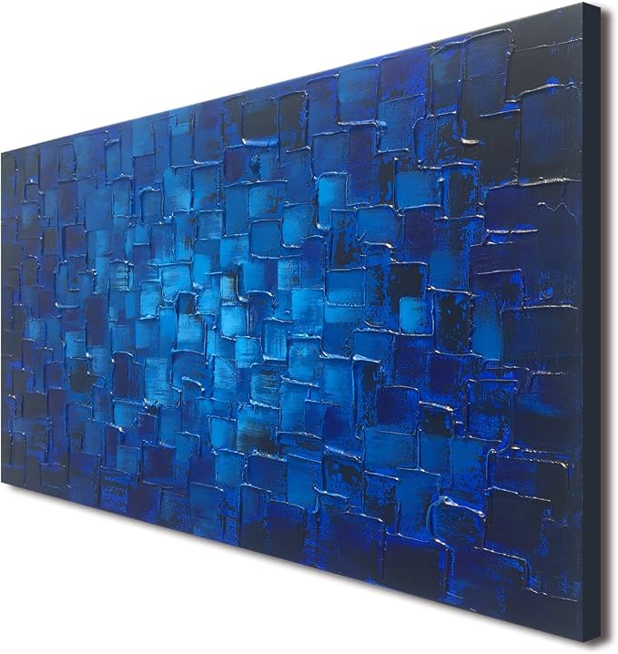 MyArton Large Abstract Dark Blue Square Wall Art Hand Painted Textured Oil Painting on Canvas Ready To Hang 60x30inch