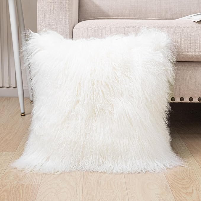 Mongolian Lamb Fur Throw Pillow Cover (16'' x 16'', White) Real Fur Decorative Cushion Cover Pillow Case for Living Room Bedroom