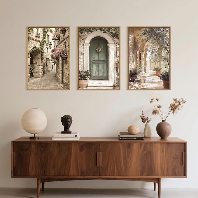 European Flower Street Framed Canvas Wall Art Set,Natural Architecture Travel City Landscape Wall Decor,Vintage Neutral Archway Cityscape Artwork for Living Room,Bedroom,Farmhouse-24 x36 x3