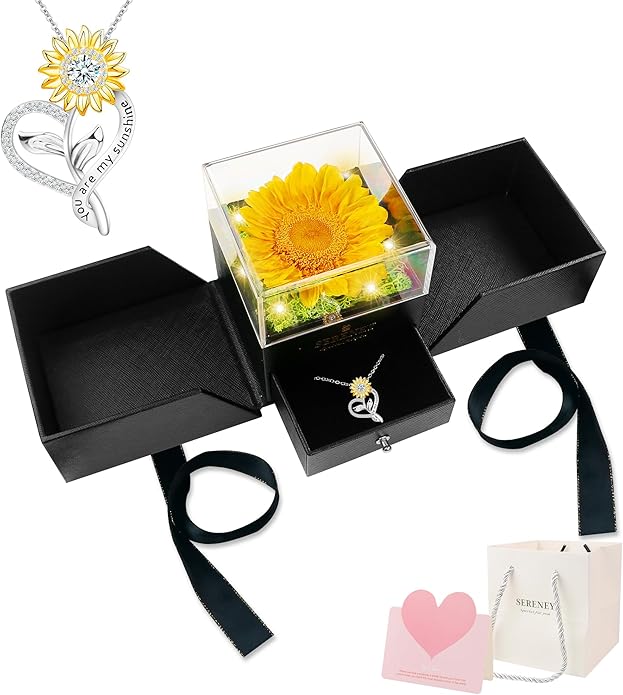 Sereney Preserved Sunflower Gifts for Women, Sunflower Necklace You are My Sunshine as Mothers Day Gift for Mom, Silver Necklace Anniversary Birthday Gifts for Wife Daughter Girlfriend