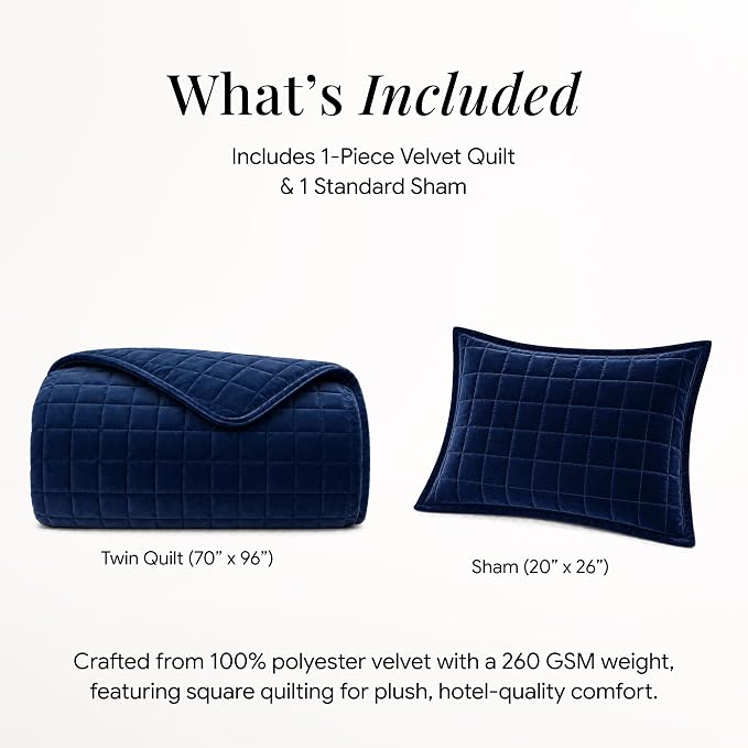 Tribeca Living Luxury Velvet Quilt Twin Size Set - 260GSM Ultra-Soft Oversized Velvet Bedspread Comforter Set with 1 Sham, in Florence Navy Blue