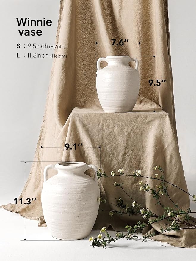 Large White Ceramic Vase - 9.5 Inch Rustic Farmhouse Flower Vase with Handles for Home Decor, Vintage Tall Vase for Living Room, Table, Bathroom, Holiday & Weddings (Sandstone White)