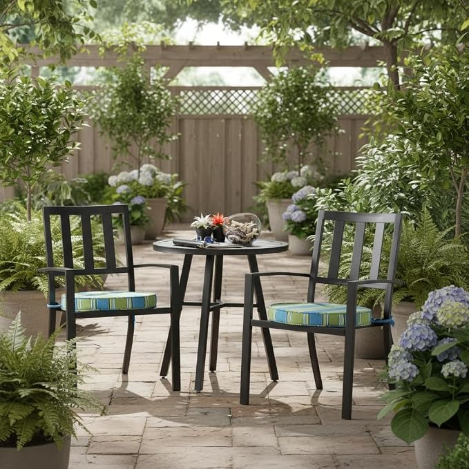Set of 2 Outdoor 18 inch Round Patio Dining Chair Pads – Comfortable Fiber-Filled Seat Cushions with Ties, Reversible Polyester Fabric, Cayman Stripe