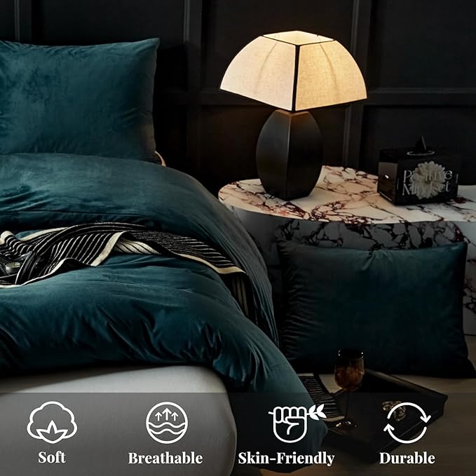 WARMDERN Peacock Blue Flannel Velvet Duvet Cover Queen Size Duvet Cover Bedding Sets, 3pcs Ultra Soft Luxury Textured Modern Crystal Velvet Duvet Covers with Zipper Closure(Peacock Blue, Full)