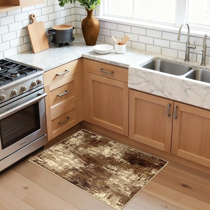 RELEANY Washable Area Rugs 2'x3' Non-Slip Modern Abstract Soft for Living Room Entryway Bedroom Nursery, Print Pattern, Brown Tan Beige Coffee