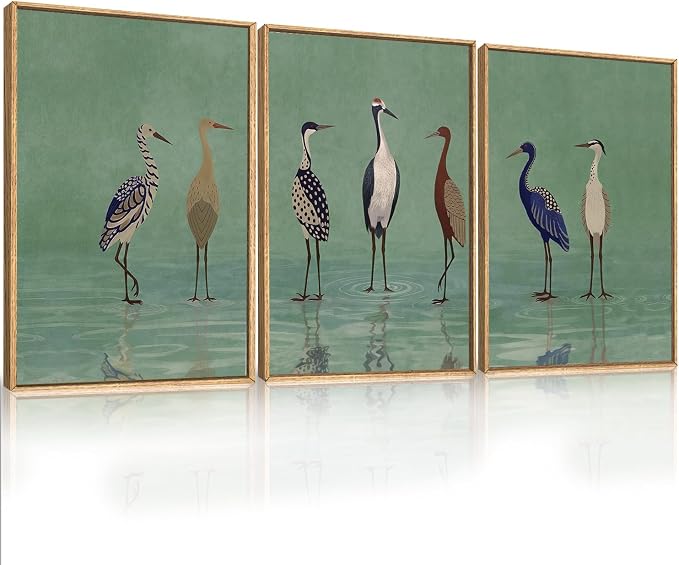 Large Vintage Birds Heron Framed Canvas Wall Art,Green Lake Wildlife Wall Decor,Minimalist Animals Art Prints,Natural Coastal Landscape Artwork for Living Room,Bedroom,Farmhouse- 24''x36''x3