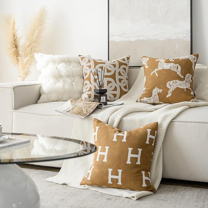 Croker Horse 18x18'' Inches Throw Pillow Cushion Cover - Pig Nose Horseshoe Pattern Chenille Jacquard Embroidery Luxury Modern Style Couch Sofa Pillow for Living Room Bedroom