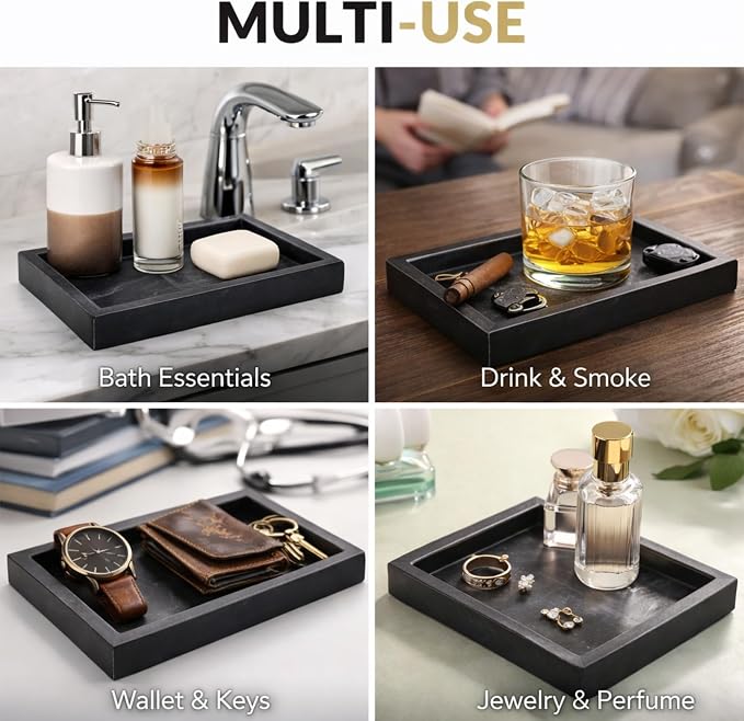 Natural Marble Tray, Black, 10" x 6", Rectangular | Bathroom Vanity Desktop Organizer, Stone Material, For Coffee Table Dresser Nightstand