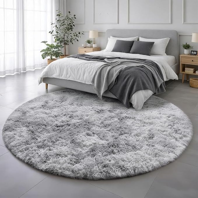 Amdrebio Tie-Dye Light Grey Round Circle Area Rugs 5Ft for Living Room Bedroom, Soft Fluffy Fuzzy Shag Rug for Kids Room Home Office, Furry Plush Indoor Floor Shaggy Gray Carpet for Baby Nursery Dorm