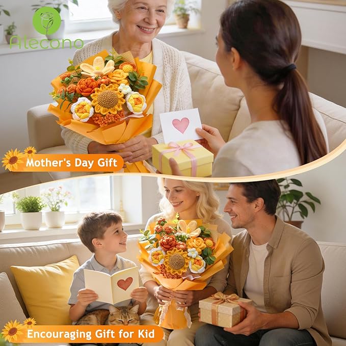 Alecono Large Crochet Flower Bouquet, Knitted Flowers, Artificial Sunflower Crochet as a Gift for Valentines Day Lover Anniversary Graduation (Orange)