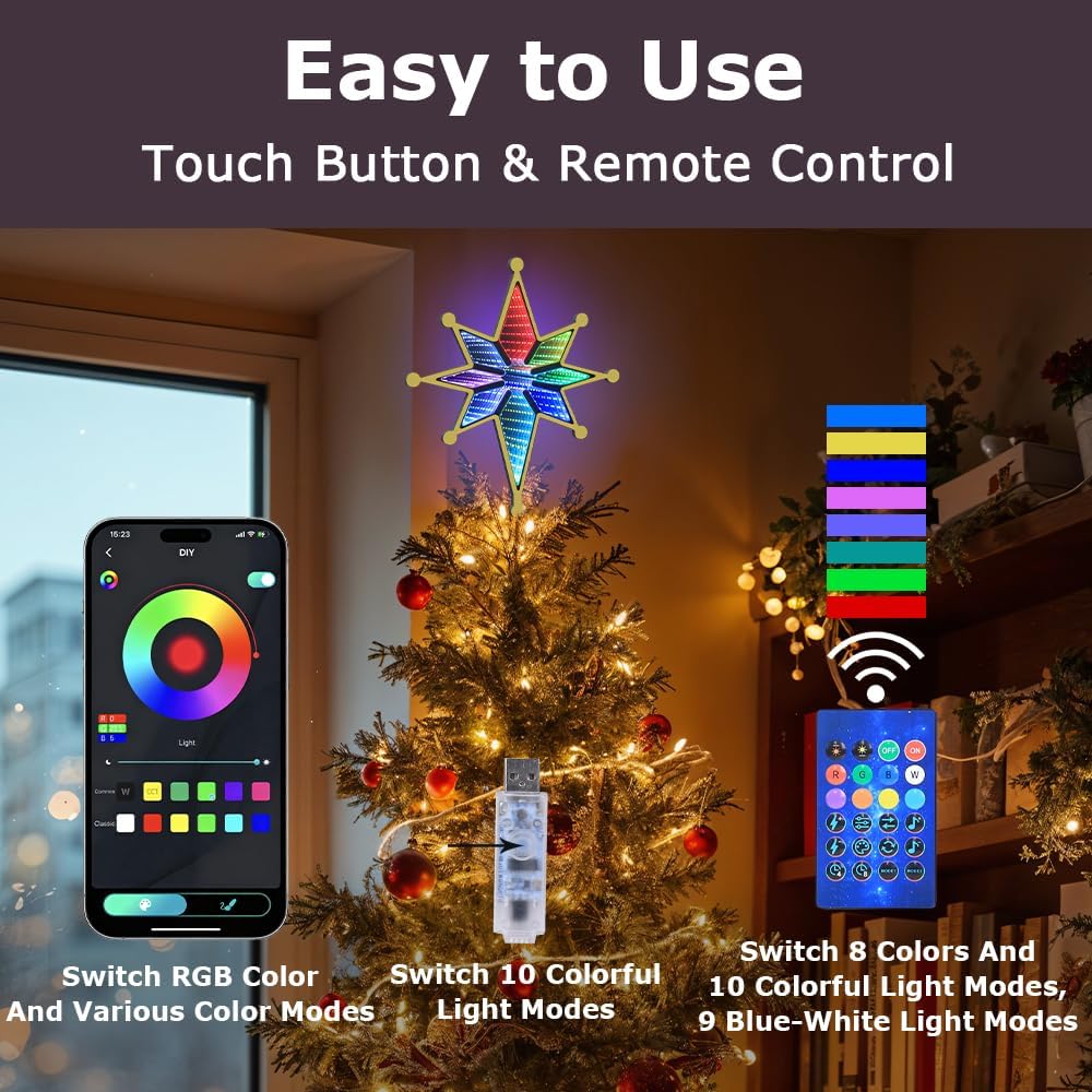 MEETYAMOR Christmas Tree Topper, 13" 130 LEDs RGB Color Change Lighted 8-Point Star Tree Topper, App, Remote & Touch, USB Powered 3D Infinity Mirror Music Sync Treetop Decorations for Xmas Party Gift