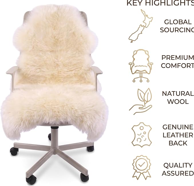 Woolous Sheepskin Rug, Large Genuine Sheep Skin Pelt 3.5x2.3 ft Ivory-White | Genuine New Zealand sheepskin with extra thick fluffy wool. Use as area rug, chair throw, sofa cover or bedroom decor.