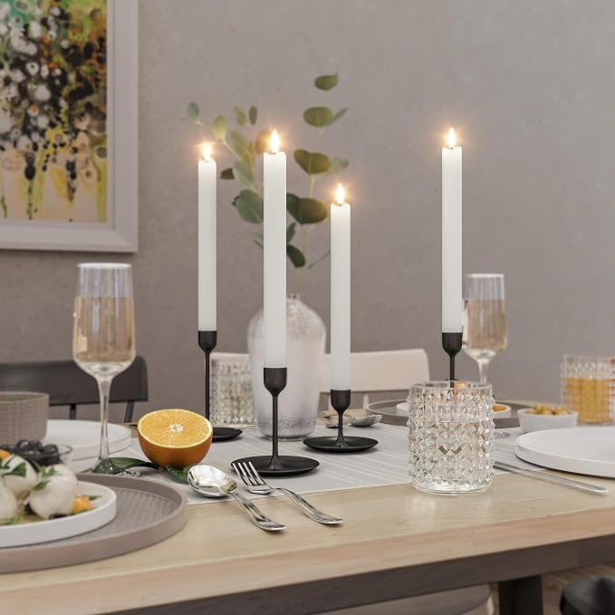 Rechargeable Flameless Taper Candles with Remote, Charging Base, 6 Pcs | 0.78x9.6" white wax LED tapers, 3D flicker, 2.5-hour USB-C charge, up to 160-hour runtime for Home Wedding Christmas Decor