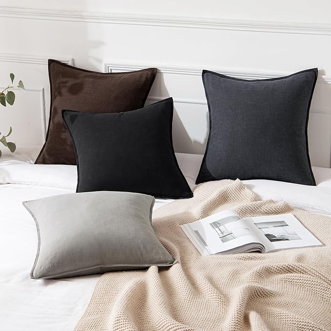 MIULEE Decorative Linen Euro Sham Pillow Covers 24x24 Black Boho Farmhouse Neutral Couch Throw Pillows for Halloween Bed Pack of 2 Accent Modern Pillowcase Sofa Livingroom Home Decor