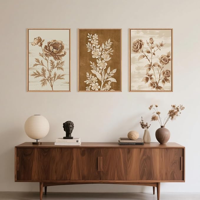 Vintage Botanical Floral Framed Canvas Print Wall Art Set,Retro Brown Rose Flowers Wall Decor,Nature Modern Elegant Poppy Boho Wildflower Artwork for Living Room,Bedroom,Office-24 x36 x3