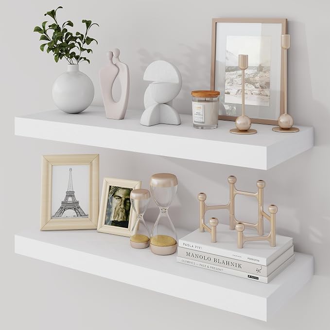 Acovy 24 Inch Floating Shelves, 9.3" Deep Floating Shelf Wall Mounted, 24" Wall Shelves, Rustic Deep Bookshelf, Large Display Shelves & Storage Shelves for Bedroom, Living Room, White, Set of 2