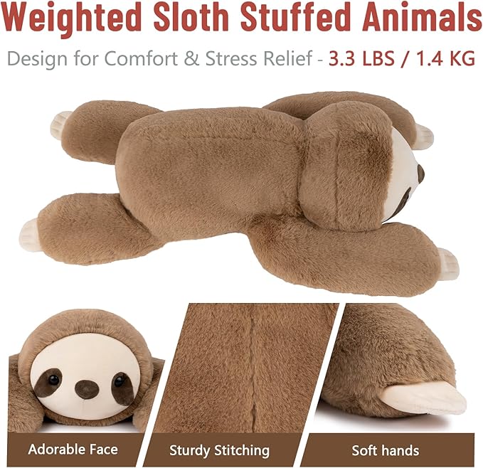 Niuniu Daddy 20" | 3.3 Pound Weighted Sloth Stuffed Animals for Adults & Kids & Baby, Large Brown Sloth Weighted Lap Animals Plush, Cute Weighted Stuffy Toy as Gift for Christmas Birthday Holidays