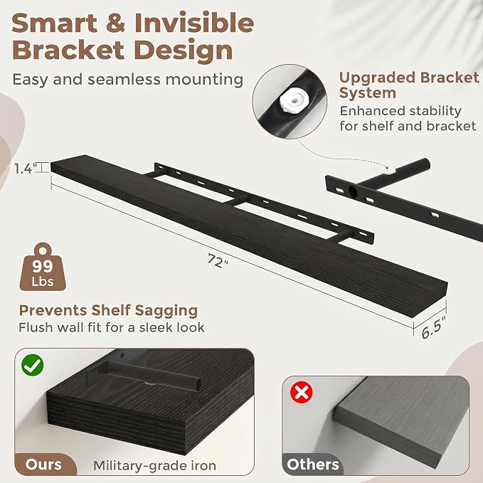 Venusmiles Floating Shelves for Wall, 72 Inch Floating Shelves Set of 2, 6.5" D Wooden Wall Mounted Display Shelves with Invisible Brackets for Living Room, Bedroom, Bathroom, Kitchen Decor, Black