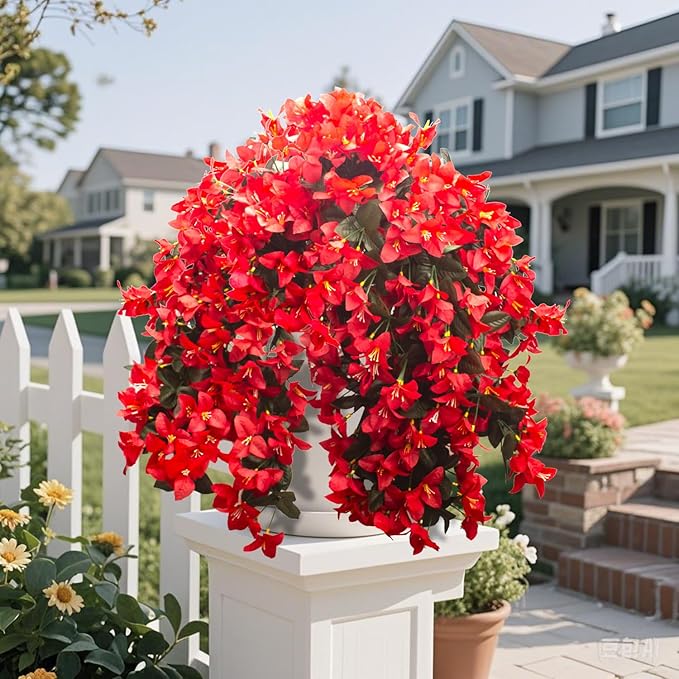 Grunyia 4 Pack Artificial Bougainvillea Flowers Outdoor UV Resistant, Fake Silk Trailing Vines Realistic Faux Hanging Plants for Front Door Porch Patio Garden Yard Window Box Planter Urn Decor(Red)
