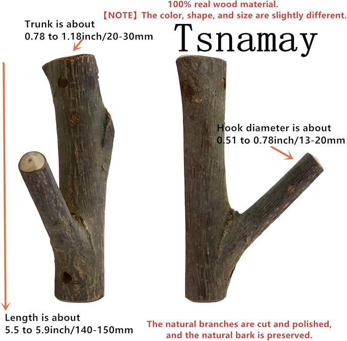 2Pcs Real Wood Tree Branch Wall Hook, Farmhouse Rustic Decorative Wooden with Bark Trunk Thickness 2cm-3cm with Screw