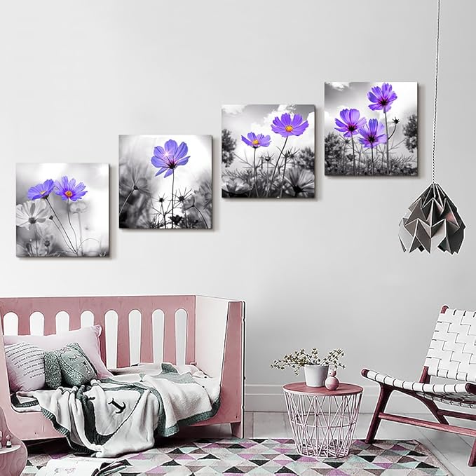 wall art for living room Black and White purple flower Big Canvas Prints Wall Decor Artwork 16" x 16" 4 Pieces Framed Black Border Ready to Hang for bedroom kitchen Home Decoration with office