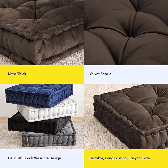 Floor Pillow Large Square Tufted Decorative Cushion 20" x 20" Faux Velvet Fabric Ultra Thick Fill for Kids and Adults, 2 Pack, Coffee Brown
