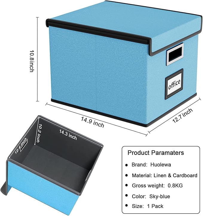 File Organizer Box with Lid, Collapsible File Folder Organizer for Office Document Storage, Filing Box with Plastic Slide for Letter Size Hanging File Folders(1 Pack, Sky-blue)
