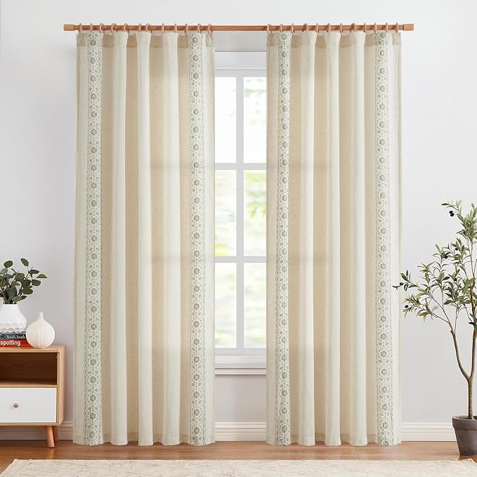 jinchan Weslie Boho Curtains for Bedroom Sage Green Vintage Floral Farmhouse Curtains 90 Inches Linen Drapes for Living Room Embroidered Light Filtering Drapes Rod Pocket Sage on Beige 2 Panels