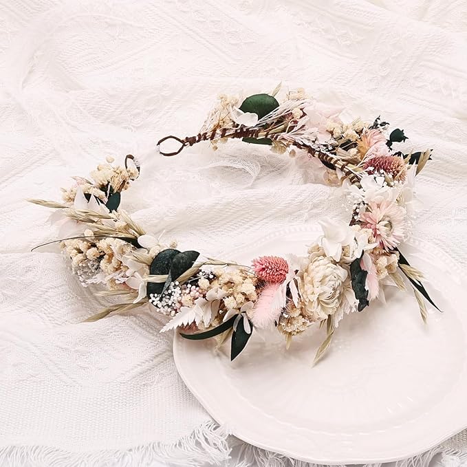 Preserved Natural Dried Flower Crown Rustic Wedding Wreath Headband Pink and White Bohemian Floral Hair Garland for Brides,Family Photo Shoot,Birthday Party,Bridesmaids Flower Girls