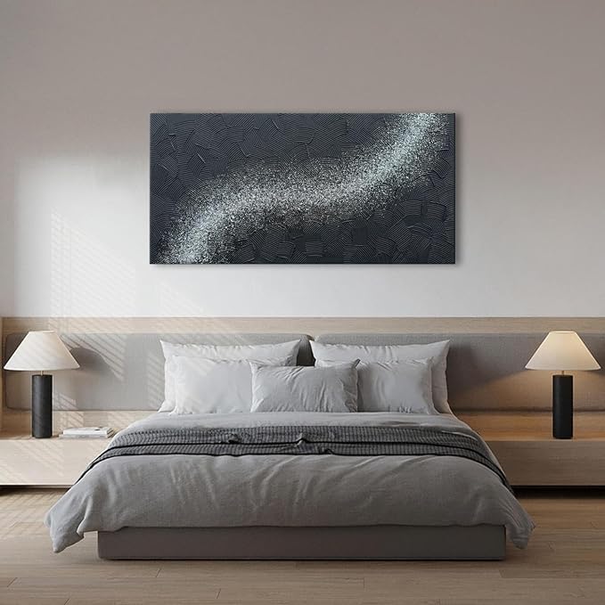 zoinart Handmade Large Glittery Crystal Canvas Wall Art, 24x48 Inches Black Abstract Modern Oil Paintings, Textured Contemporary Wall Art Ready to Hang