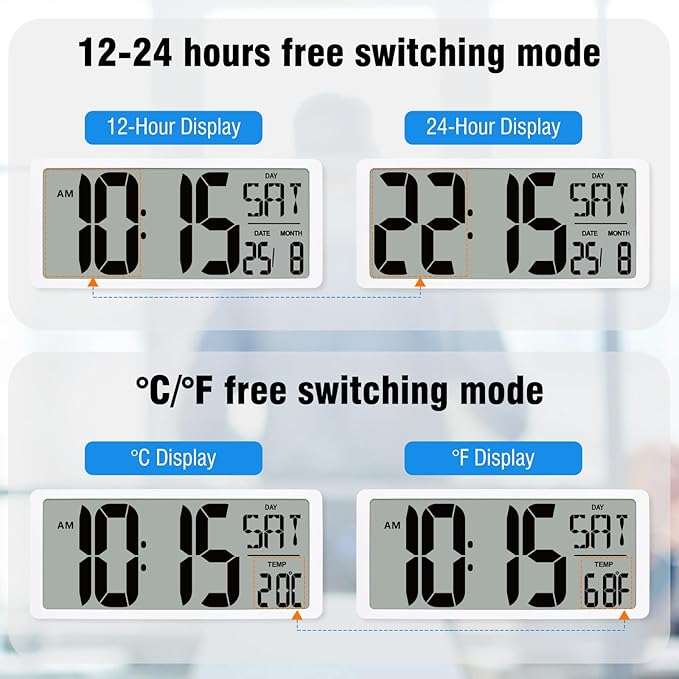 TXL Large Digital Wall Clock with Backlight, 14.2" Battery Operated Alarm Clock with Day, Date & Temperature, Jumbo Display Digital Count Up Down Timer Clock for Seniors, Home, Bedroom Office