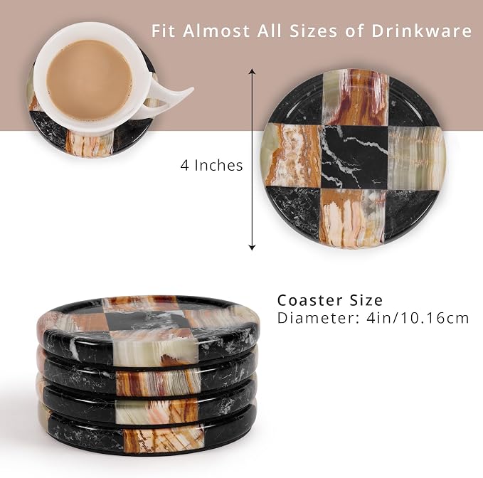 Marble Coasters Set of 4, Zebra Black & Green Handmade 4 inch Round Natural Marble Coaster, Elegant Drink Checkered Coaster Plates for Coffee Table, Stylish Bar Accessories & Home Décor
