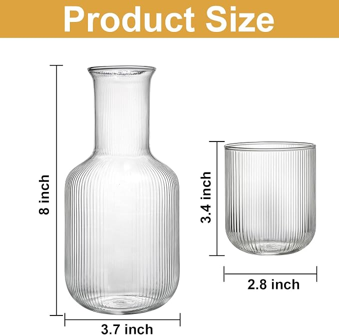 Bekith 2 Set 25 OZ Bedside Night Water Carafe with Tumbler Glass, Vertical Stripes Clear Glass Carafe for Bedroom Guest Room Nightstand, Mouthwash Decanter for Bathroom, Water Pitcher Set (4-Piece)