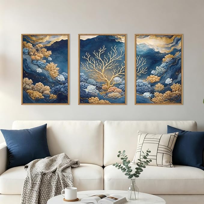 HPNIUB Blue Dreamy Underwater Framed Canvas Wall Art Set 16"x24"x3 | Modern Gold Coral Seascape Wall Decor Abstract Navy Ocean Marine Fish Artwork Living Room Bedroom Farmhouse