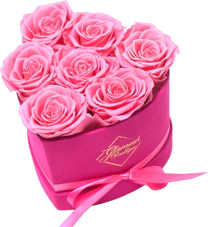 GLAMOUR BOUTIQUE 7 Flower Forever Heart Shape Box, Eternal Preserved Roses Gift for Her, Lasting Flowers, Petite Floral Heart Box for Birthday, Anniversary Valentine’s Day, Velvet Pink (Color-Treated)