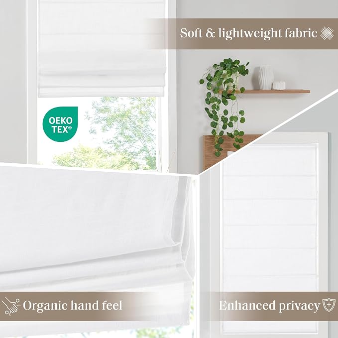 Madison Park Kyler Cordless Roman Shades - Single Panel, Lightweight Linen Blend Fabric, Natural Design, Easy Installation, Light Filtering Window Blind, Bedroom, Living Room Decor 35"W x 64"H White