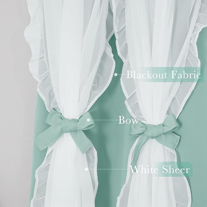 PONY DANCE Blackout Curtains for Living Room Decor Window Treatment Double Layer Drapes Ruffle Sheer Overlay Farmhouse Rustic Design, W 52 x L 84 Inches, Mint Green, 2 Panels
