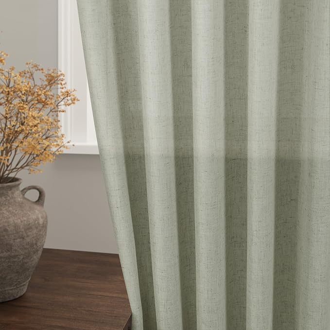 Green Linen Curtains 102 Inches Long for Living Room 2 Panel Set Back Tab Rod Pocket Sage Green Semi Sheer Curtains Light Filtering Burlap Extra Long Drapes Farmhouse Decor for High Window 40x102