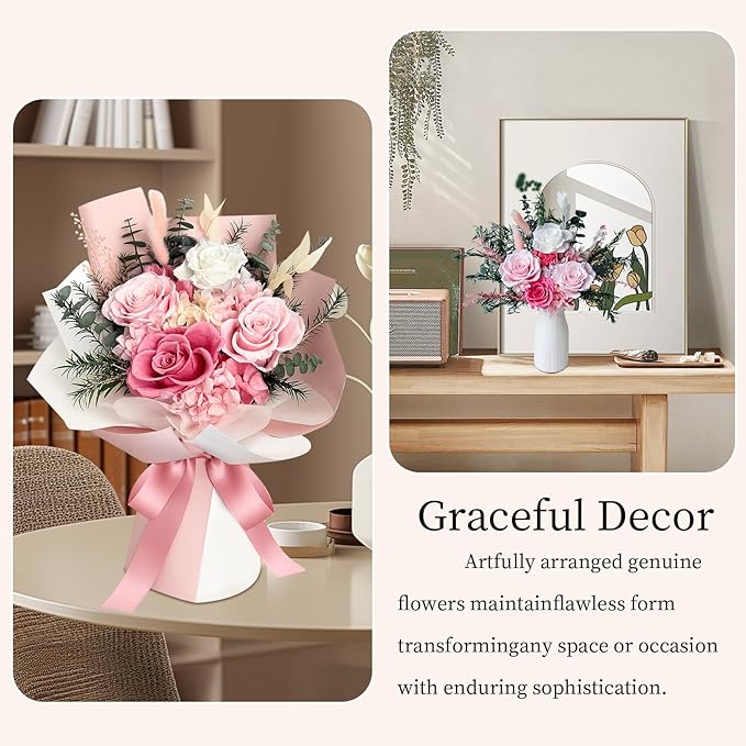FNCHAI Flowers for Delivery Preserved Roses Bouquet Real Pink Forever Rose in Box Birthday Gifts for Women Wife Mother Day Anniversary Graduation (Pink)