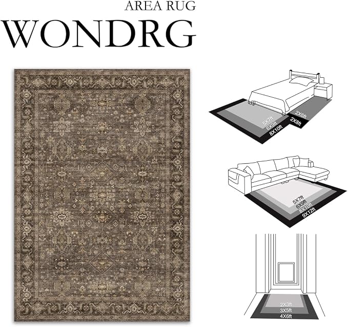 9x12 Area Rug for Living Room Bedroom Vintage Brown Non Slip Carpet Traditional Retro Medium Pile Large Thicker Throw Rug for Dining Room Kitchen Office Indoor