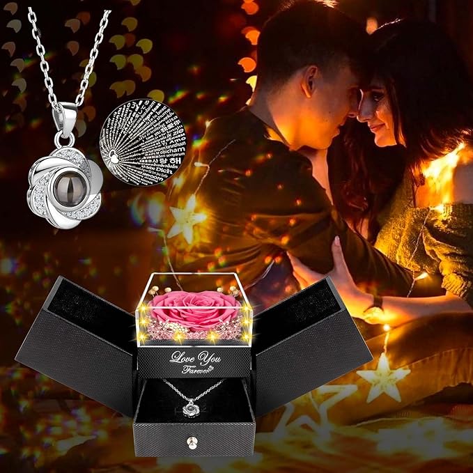 ENERLEAF Preserved Pink Real Rose-Eternal Flowers Rose Gifts for Mom Grandma Wife Girlfriend on Mothers Day Birthday Valentines Christmas Anniversary Romantic Gifts for Her with I Love You Necklace