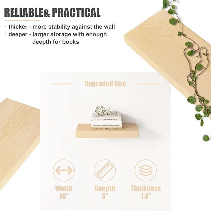 Floating Shelves for Wall, USA-Sourced Maple Wood 16 Inch Wall Shelves Set of 2, Natural Wooden Mounted Picture Ledge Shelf, Nursery Book Storage Shelf Kids Bookshelf Display, Shelf for Bathroom