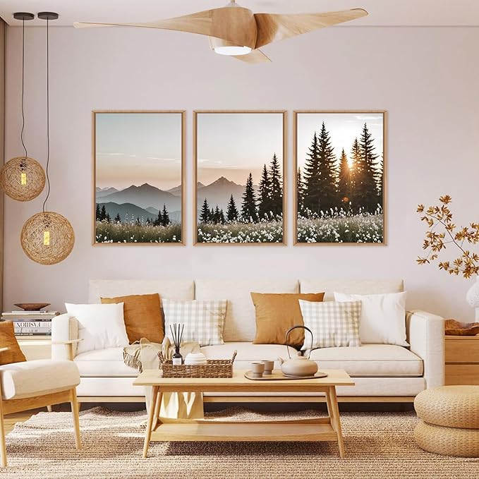 DRACIT Forest Sunlight Landscape Framed Canvas Wall Art Set,Nature Mountain Pine Tree Wall Decor,Modern Sunrise Wildflower Calming Art Printing for Living Room,Bedroom-24 x36 x3