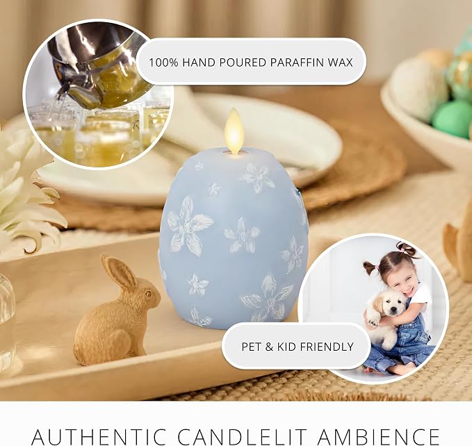 Luminara Flameless Candle Crystal Beads Glitter Sphere, Unscented Real Wax LED Candle, Timer, Holiday Decoration Centerpiece (Cashmere Blue Floral)