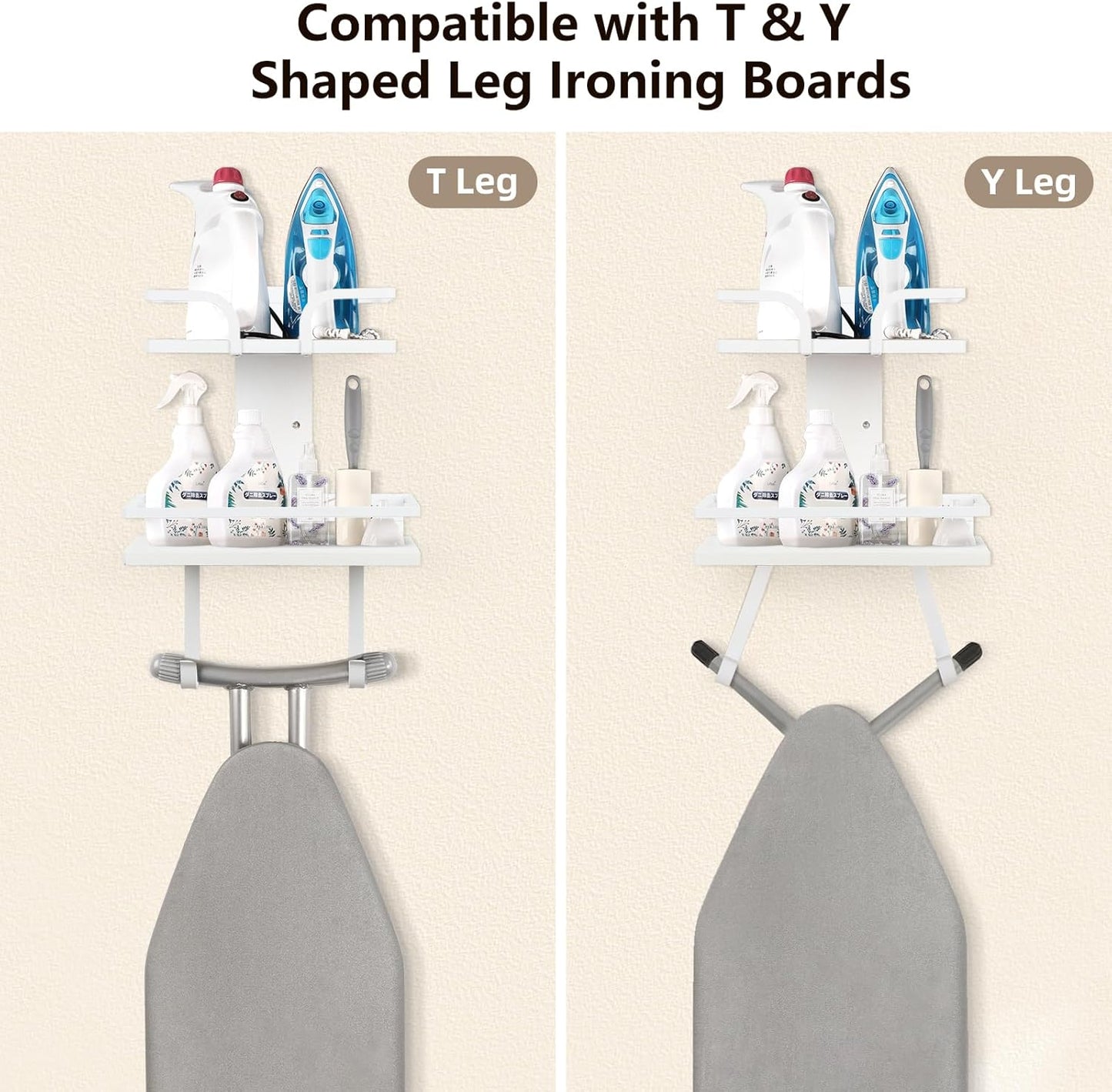 VINAEMO Ironing Board Hanger Wall Mount, 2-Layer Iron and Ironing Board Holder, Laundry Room Shelves Solid Wood with Removable Hooks Home Organization and Storage (White)