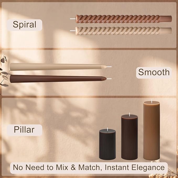 Conelist 9 Pcs Modern Decorative Candles Set, 3 Pillar Aesthetic Ribbed and 6 Spiral Taper Twisted Candles, Unscented Soy Wax for Wedding Holiday Dinner Home Decor(Brown)