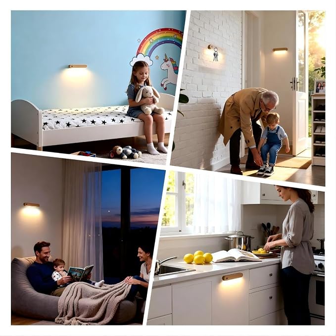 Wooden Motion Sensor Wall Light Magnetic Rechargeable Hallway 1-Pack | Night light warm LED glow, USB C, Detachable design, Tool-free mounting for closets, stairs, cabinets, entryways, home